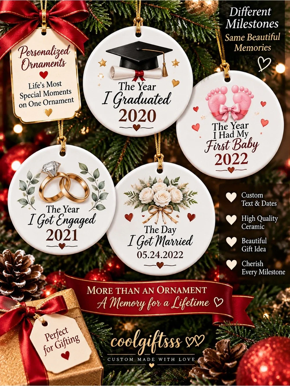 Personalized White Ceramic Holiday Ornament - Custom Milestone Keepsakes